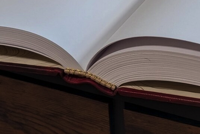 A hand sewn headband with a soft spine on a very well made hand bound book.