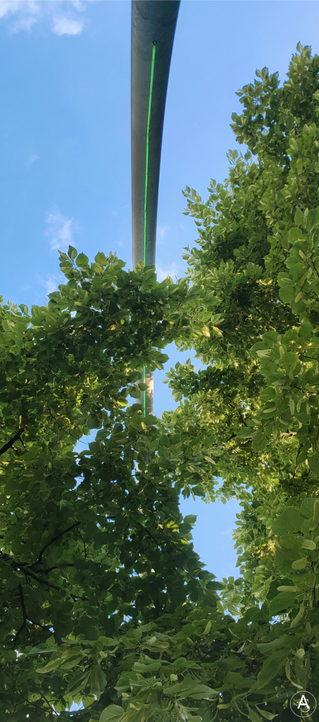Een zomerse foto van een grote boog sculptuur met een geïntegreerde lichtboog vanuit het kikker perspectief. Eromheen bomen en blauwe lucht

Ein sommerliches Foto von einem Skulpturenbogen mit integriertem Lichtbogen. Gesehen aus der Froschperspektive. Darum herum Bäume und blauer Himmel