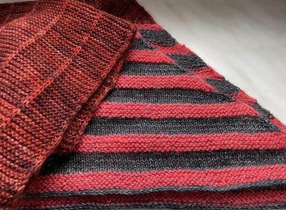 striped triangular shawl in brownish red, salmon and gray