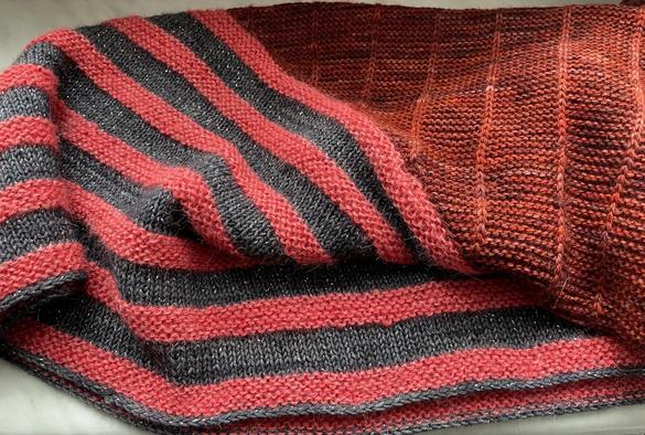 striped triangular shawl in brownish red, salmon and gray