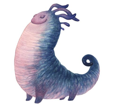 a slug like creature with four squat legs, stands proudly and side on to us with his eyes closed and his head danglers blowing in the wind. He is blue witha  pink tummy.