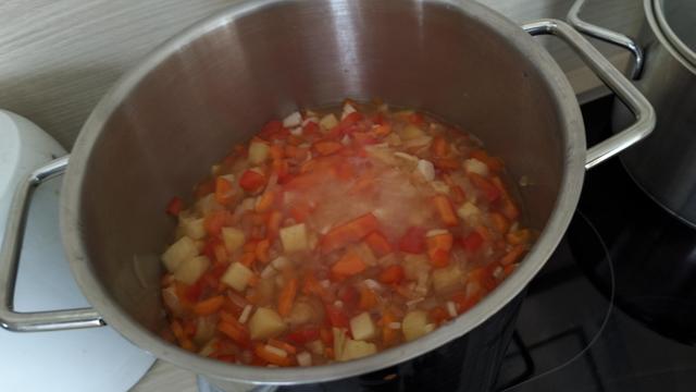 ein Topf mit allerlei Kleingeschnibbelten steht auf dem Ofen und köchelt vor sich hin