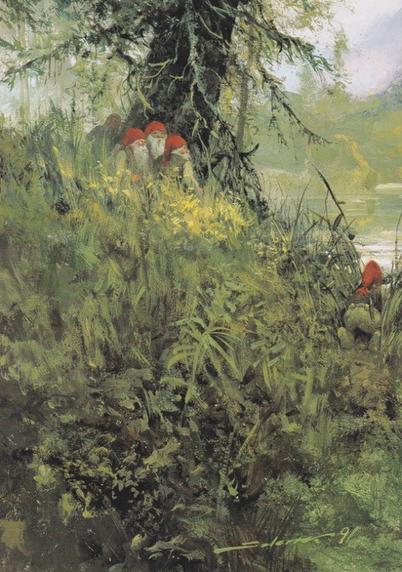 Little, long-bearded men in red caps stand beneath a pine tree while a colleague pushes aside undergrowth beside a river or lake.