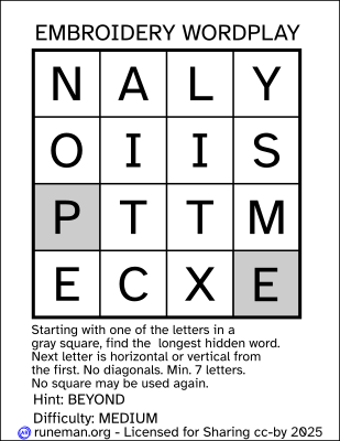 Embroidery Wordplay
a one-word word search puzzle

hint: beyond
difficulty: medium

Letter grid:
N A L Y
O I I S
P* T T M
E C X E*

letters marked with an asterisk indicate the potential starting points for the word. The image shows them with a gray background.