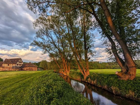 A tranquil rural landscape at dusk or dawn, featuring a lush green meadow and a gently flowing stream. The stream, reflecting the soft light of the sky, is bordered by tall, graceful trees with twisted trunks and sprawling branches. In the background, a traditional half-timbered house with a steep, tiled roof and adjacent stone outbuildings adds a rustic charm to the scene. The sky is partly cloudy, with patches of blue and warm sunlight breaking through, casting a golden glow over the trees and grass. The overall atmosphere is peaceful and idyllic, capturing the beauty of the countryside.