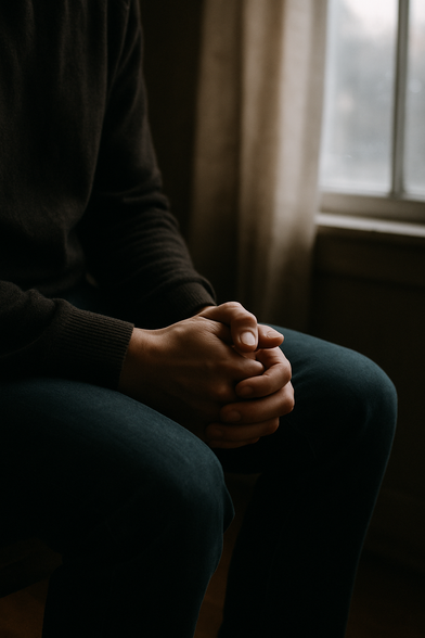 La imagen es un plano medio y cercano que se centra en las manos y el regazo de una persona sentada.

Sujeto: El foco principal son las manos de la persona, entrelazadas o apoyadas una sobre otra en su regazo. La postura sugiere un momento de descanso, espera, o quizás introspección/contemplación.

Vestimenta: La persona lleva un jersey de cuello redondo de color oscuro (posiblemente marrón o negro), con un puño acanalado visible en el brazo derecho. La parte inferior es un pantalón o vaqueros de color azul oscuro o verde azulado (teal).

Iluminación y Ambiente: La iluminación es tenue y con mucho contraste (low-key), creando una atmósfera melancólica. El cuerpo de la persona está en gran parte en sombra, lo que hace que las manos ligeramente más iluminadas destaquen. En el lado derecho del marco, se aprecia una ventana que proporciona una luz suave y difusa, acentuando las manos y la cortina/pared de fondo.

Sensación General: El estado de ánimo evocado es de calma, soledad o seriedad, gracias a los colores oscuros y la postura concentrada del sujeto.