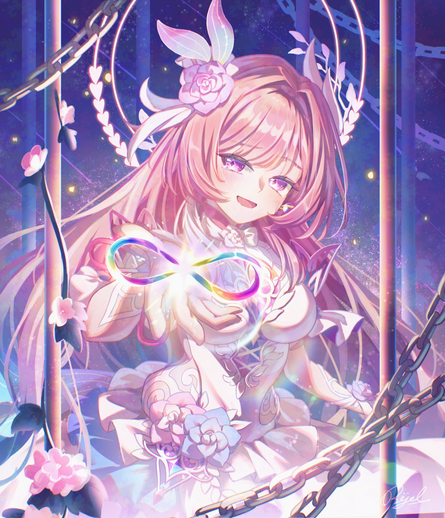 Ilustración estilo anime de una joven con cabello largo y rosa pálido, ojos morados brillantes y una expresión dulce y ligeramente melancólica. Viste un elaborado vestido blanco con volantes y detalles florales. Extiende sus manos hacia el frente, sosteniendo un brillante símbolo de infinito con los colores del arcoíris, que irradia luz. La escena está enmarcada por cadenas metálicas gruesas en el primer plano y enredaderas con rosas rosas en flor. Detrás de ella, se aprecian arcos luminosos y un fondo estrellado en tonos azules y morados, creando una atmósfera etérea y mágica.