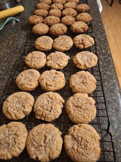Two wire racks full of baked coffee cake cookies sit on a counter top waiting for the cookies to cool. The cakey cookies are a soft slight brown in color with crackled tops that have been coated and baked with crumble topping; they taste just like coffee cake in cookie form and are amazing.

The recipe can be found on the  Cookies and Cups website at:
https://cookiesandcups.com/coffee-cake-cookies/