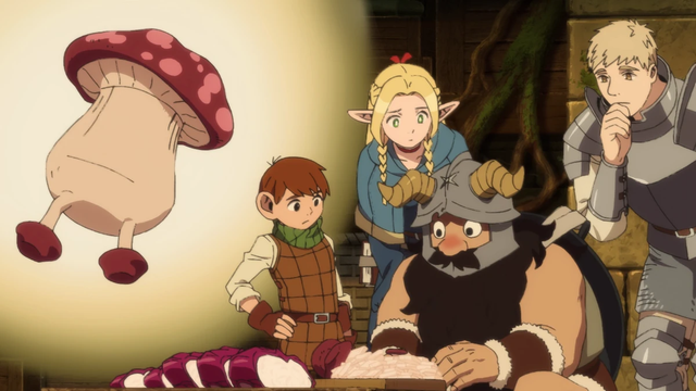 Screenshot aus Delicious in Dungeon.
Dargestellt ist Senshi beim Schneiden der Pilzstücke. Marcill, Chilchuck und Laios beobachten ihn dabei.