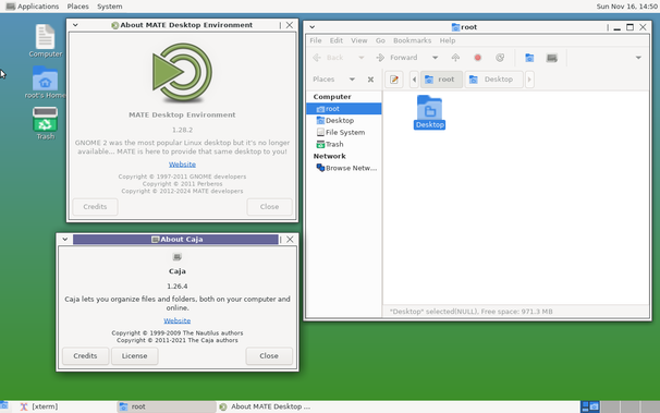 MATE desktop showing mate-panel in the top and bottom, information about the installed MATE desktop in the top left, caja on the right with its information window in the bottom left.