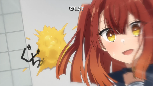 A still from the anime "This Monster Wants to Eat Me". A blurred shot (implying motion) of what looks like uncooked egg slapping into a wall, barely missing the head of a red-haired girl.