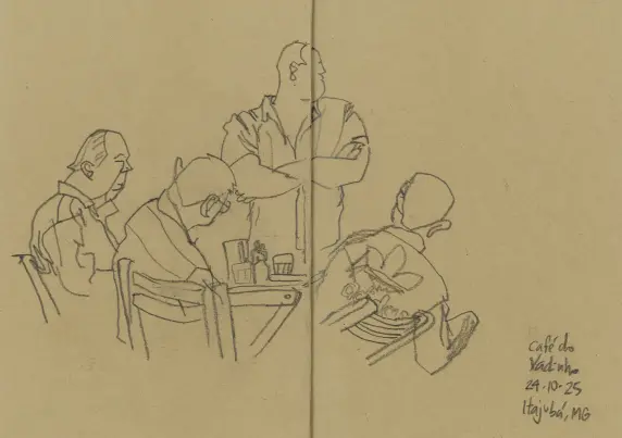 Senhores ao redor de uma mesa de bar. Três sentados, um em pé de braços cruzados. Desenho a lápis sobre papel pardo.