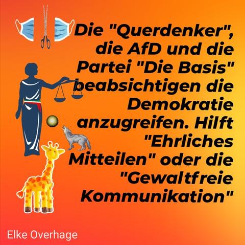 Grafik zum Artikel Elke Overhage Blog mit Text mit Maske, die durchgeschnitten wird, mit Figur, die für das Rechtssystem steht, mit Giraffe, die für die Giraffensprache steht und mit Wolf, der den Mond anheult