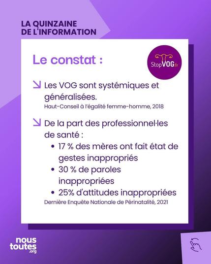 Affiche d'information : Le constat sur les VOG, citant des chiffres clés. Le texte indique que les VOG sont systémiques et donne des statistiques (17% de gestes inappropriés, 30% de paroles inappropriées, 25% d'attitudes inappropriées).