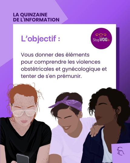 Affiche d'information : L'objectif de la formation est de donner les éléments pour comprendre les violences obstétricales et gynécologiques (VOG) et tenter de s'en prémunir. Illustration de trois personnes souriantes.