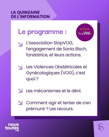 Affiche d'information : Le programme de la formation StopVOG sur les VOG, listant les thèmes abordés (StopVOG, définition VOG, mécanismes, comment agir). Logos StopVOG et NousToutes.