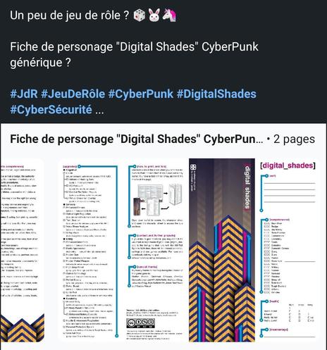 Un peu de jeu de rôle ? 🎲🐰🦄

Fiche de personage "Digital Shades" CyberPunk générique ?

#JdR #JeuDeRôle #CyberPunk #DigitalShades #CyberSécurité ... https://www.linkedin.com/posts/gabriel-chandesris_fiche-de-personage-digital-shades-cyberpunk-activity-7395854755891204096-mAp2