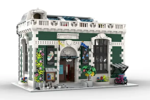 A model of a museum building made of Lego bricks