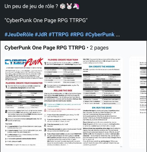 Un peu de jeu de rôle ? 🎲🐰🦄

"CyberPunk One Page RPG TTRPG"

#JeuDeRôle #JdR #TTRPG #RPG #CyberPunk ... https://www.linkedin.com/posts/gabriel-chandesris_cyberpunk-one-page-rpg-ttrpg-activity-7395857365423718400-HvMk