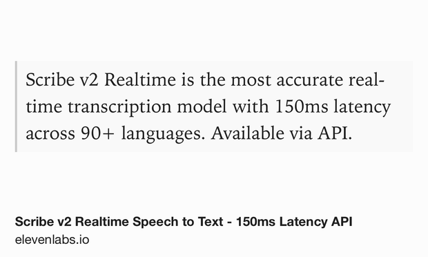 Text Shot: Scribe v2 Realtime is the most accurate real-time transcription model with 150ms latency across 90+ languages. Available via API.
