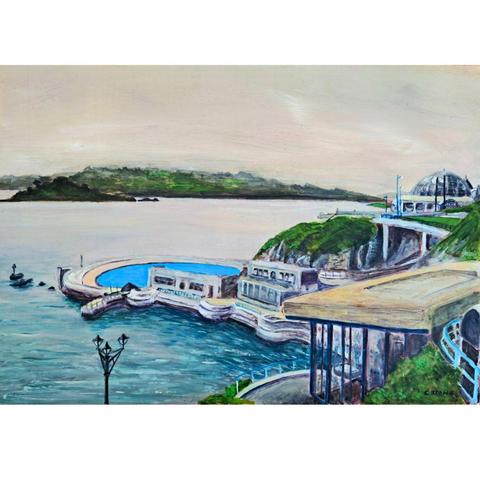 A 42 cm x 29 cm painting on Yupo paper of the art deco Tinside Lido in Plymouth, viewed from Plymouth Hoe. The painting is made with acrylic, gouache and grpahite and is housed in a 60 cm x 48 cm x 4 cm black wooden frame.