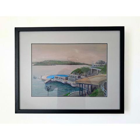 Framed photograph of the mixed media on Yupo painting of Plymouth's Tinside Lido. Acrylic, gouache and graphite on Yupo paper, in wooden black frame. 60 cm x 48 cm x 4 cm