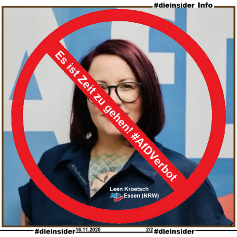 Auf Slide 2 zeigen wir mit "Es ist Zeit zu gehen. AfD Verbot!" ein Bild von Leen Kroetsch von der AfD Essen in Nordrhein-Westfalen.