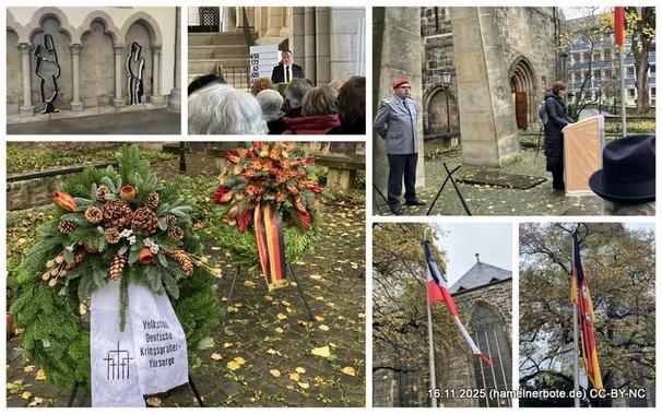 Collage Veranstaltungsfotos, Kränze, RednerInnnen, Flaggen