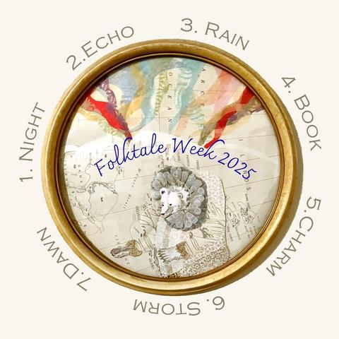 This image shows my framed circular artwork with text. The artwork shows a hand painted polar bear in Renaissance garb with a large white coat made from multiple collaged white patterned Japanese papers and a silver ruff on a snowy landscape made with collaged papers on a nautical chart of the Arctic Ocean. Above is the Aurora made with flowing cut translucent washi. In curved blue text it reads “Folktale Week 2025”. Surrounding the pale gold frame is a circle of silver text reading: 1. Night 2. Echo 3. Rain 4. Book 5. Charm 6. Storm 7. Dawn