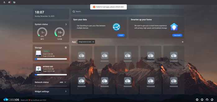 CasaOS Benutzeroberfläche mit Fehlermeldung