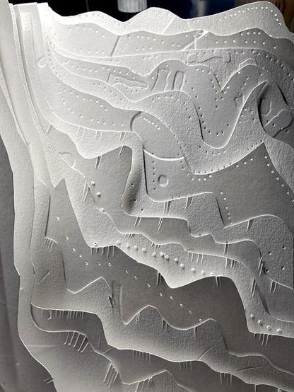 Au format paysage. L'image montre un livre en cours de réalisation. Quatorze pages blanches, coupées à des hauteurs différentes mais toutes visibles  sont perforées et gaufrées. Elles forment ainsi un jeu de reliefs, d'ombres et de lumières.