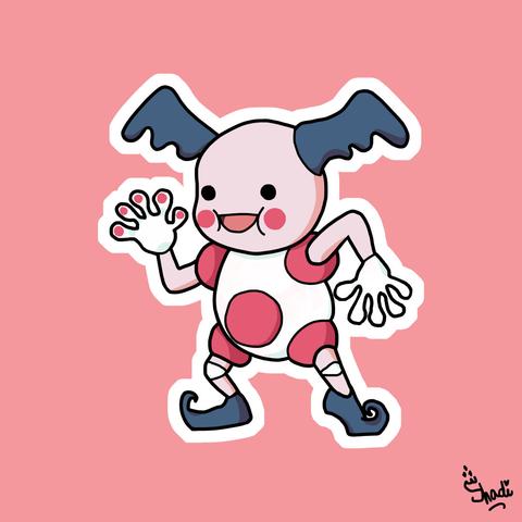 Dessin du pokémon M. Mime, sur fond rose. C'est un pokémon qui ressemble à un mile, qui a des genre d'oreilles bleues, un corps blanc avec des boules roses dessus, des chaussures pointues bleues et des gants blancs.