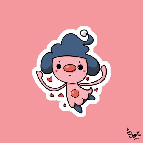 Dessin du pokémon Mime Junior. C'est un petit bout de chou qui ressemble un peu à M. Mime mais version bébé. Il a un gros nez rouge comme un clown.