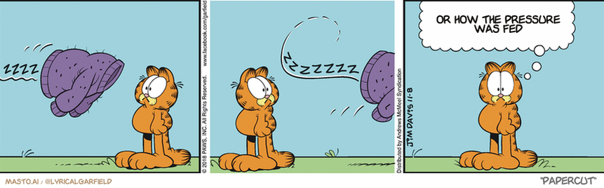 Original Garfield comic from November 8, 2018
Text replaced with lyrics from: Papercut

Transcript:
• Or How The Pressure Was Fed


--------------
Original Text:
• Garfield:  You don't see a lot of bees wearing sweaters.

The image is a comic strip featuring three panels with a cat, a dog, and a bird. In the first panel, the cat is seen sleeping in a sunlit room while the dog and the bird are looking at him. In the second panel, the cat is now awake, looking directly at the viewer. In the third panel, the cat is asleep again, this time with his eyes closed. The panels are arranged vertically, creating a consistent and engaging visual narrative for the viewers.