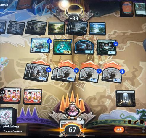 Opponent loses -39 to 67 life total thanks to an army of cat tokens boosted by virtue of loyalty in a mono white standard deck