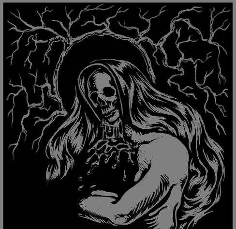 Screenshot of a digital drawing in black on a gray background. It depicts a woman with long hair embracing another not-yet-drawn figure. Her face is a skull inside an implied reliquary. There is liquid pouring out from the reliquary onto the other figure's head. She has a halo made up of root or branch-like structures. The shading style is hatching reminiscent of a linocut.