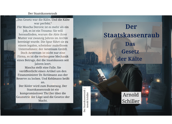 Das Bild ist das Cover eines Buches. Auf dem Cover ist eine silhouettenartige Figur von hinten zu sehen, die in einem dunklen Raum steht. Die Figur trägt einen dunklen Mantel und scheint einen Hut zu tragen. Vor der Figur sind vertikale Linien zu sehen, die möglicherweise eine Wand oder Türen darstellen. Im Hintergrund befindet sich eine dunkle, verschwommene Kulisse.

Der Titel des Buches lautet: „Der Staatskassenraub“. Darunter steht: „Das Gesetz der Kälte“. Weiter unten steht: „Für Mascha Derovic ist es mehr als ein Job, es ist ein Trauma: Sie will herausfinden, warum die Akte ihrer Mutter vor zwanzig Jahren im Archiv bereinigt wurde. Die Spur führt sie zu einem legalen, scheinbar makellosen Unternehmen: der Aeternum GmbH. Doch Aeternum ist nicht nur eine Firma, es ist die verborgene Mechanik eines Betrugs, der die Staatskassen seit Jahren leert. Mascha stellt eine Falle. Sie veröffentlicht einen Artikel um den Finanzminister Dr. Kehlmann aus der Reserve zu locken. Und Kehlmann beißt an. Der Köder wird Bumerang. Der Staatskassenraub ist ein kompromissloser Thriller über die Geometrie der Lüge und das Gesetz der Macht.“ Unter dem Text steht der Name des Autors: „Arnold Schiller“.