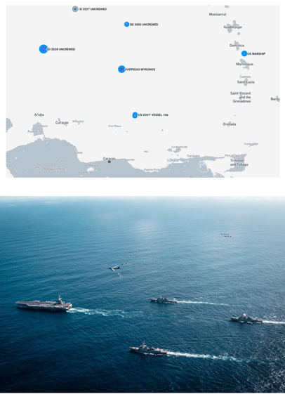 The Gerald R. Ford Carrier Strike Group, including USS Gerald R. Ford (CVN-78), left, USS Winston S. Churchill (DDG-81), front, USS Mahan (DDG-72), back, USS Bainbridge (DDG-96) embarked Carrier Air Wing Eight during a photo exercise with a B-52 Stratofortress on Nov. 13, 2025. US Navy photo 


top graphic: Warships fanning out. Gator transport to the east. Cruiser Gettysburg and destroyer Stockdale to the center, with tanker passing through.