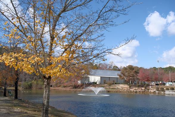 A landscape view of a pond in a park. A water fountain is in the lower middle, a tree with yellow leaves on the right. An office building in the middle and trees with red and orange leaves can be seen on the right. The sky is blue with patches of white clouds.
