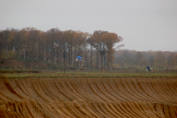 Am Rand der Tagebaukante steht das besetzte "Sündenwäldchen" mit Baumhäusern und Barrikaden