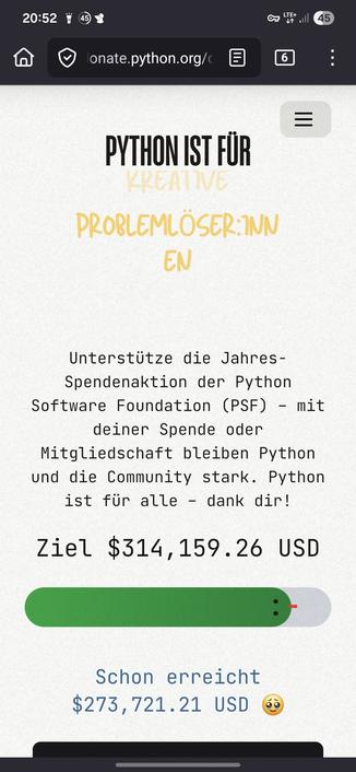 Python Spendenseite die zeigt, dass bereits $273,721.21 USD von den anvisierten  $314,159.26 USD gesammelt wurden.
