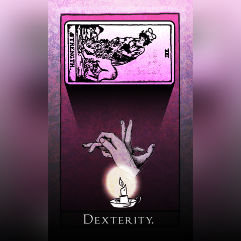 The Dexterity card from the Cryptica Tarot. It is depicted as a pair of hands making shadow figures with candlelight. The shadow is the complete lineart for the Rider Waite Smith Strength card.