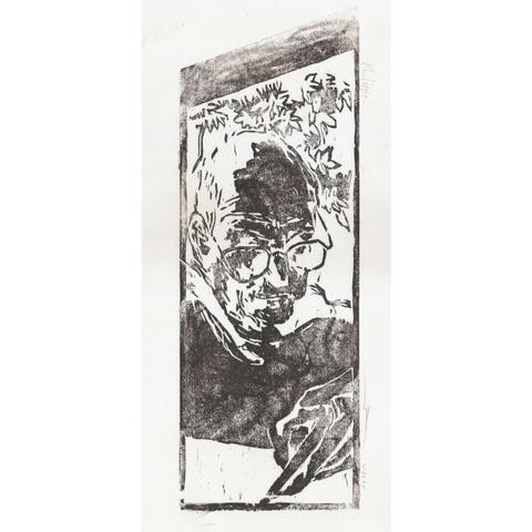 Gravure sur bois, portrait de Philippe, membre de l'asso de gravures. Couleur un peu bordeaux, en fait obtenu par un mélange de noir et de sanguine