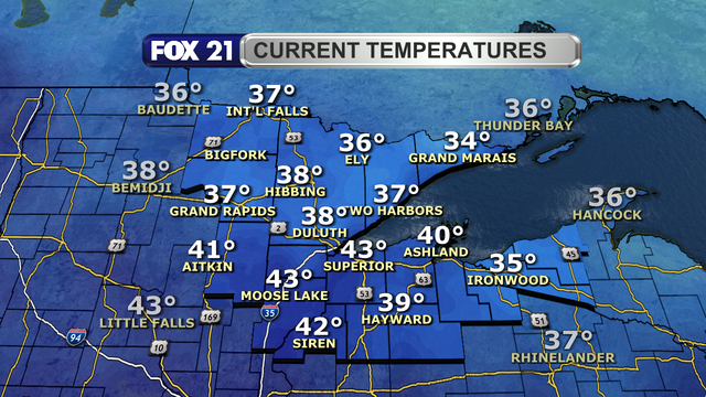 Temperatures in the Northland just after 2 p.m. on November 16, 2025, range from 34 to 43 degrees Fahrenheit.