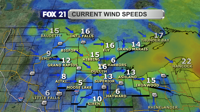 Wind speeds in the Northland just after 2 p.m. on November 16, 2025, range from 5 to 16 mph.  Wind direction is primarily from the northwest and west.