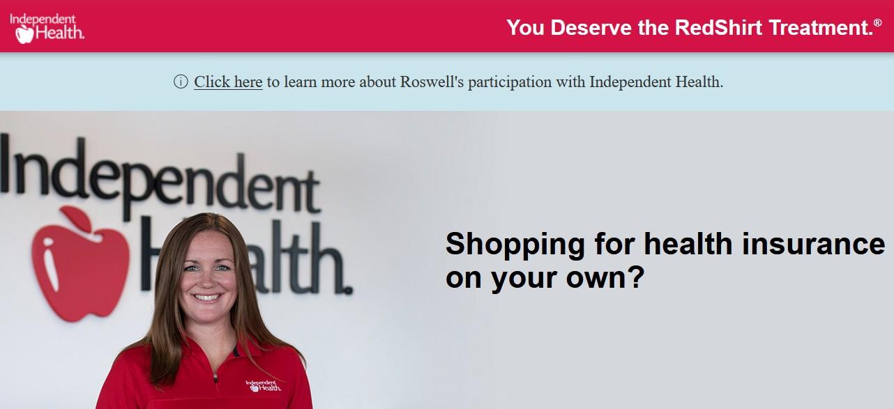 Screenshot of the home page of a health insurance website.   "You deserve the RedShirt Treatment" is their tag line.   It pictures a woman in a red shirt smiling