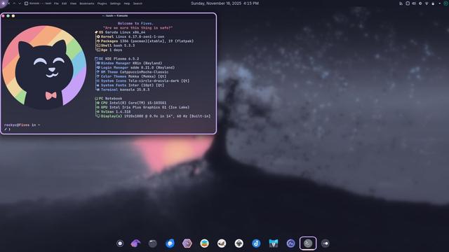 Screen shot of Garuda KDE Mokka desktop with a terminal window displaying the output of fastfetch