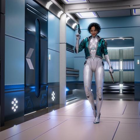 The image shows a woman walking down a brightly lit, futuristic corridor. She looks human with natural facial features and short, curly dark hair. She carries two identical sci-fi–style pistols, one in each hand, held casually at her sides as she walks with a relaxed but confident stride.
She is wearing a sleek, form-fitting white bodysuit with metallic elements and subtle glowing accents, giving it a high-tech appearance. Over the suit, she has a short, teal jacket with a shiny, textured surface.
The corridor around her is smooth and modern, with pale blue walls, soft white lighting from ceiling panels, and illuminated patterns on the floor and lower walls. The environment gives the impression of a spaceship or advanced facility — clean, polished, and quiet.
Overall, the scene conveys calm confidence: a capable figure moving through a controlled, futuristic space.