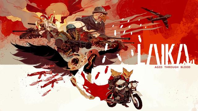 Game cover art from Laika: Aged Through Blood. An anthropomorphic coyote rides on a motorcycle with her young son clinging to her back. A red cape flows behind her like blood, and the skull of a bird threatens to sallow her and her son whole. Above the bird skull are various anthropomorphic bird soldiers holding heavy guns, in formal military dress, and with tanks.