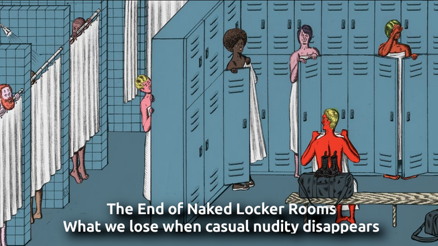Das Bild zeigt einen Innenraum, der einem Umkleideraum ähnelt, mit mehreren Personen, die sich darin befinden. Der Raum besteht aus einer Reihe von Schließfächern, die an einer Wand angeordnet sind. Drei Personen stehen im Raum und bedecken ihre Körper mit weißen Handtüchern. Eine weitere Person sitzt auf einer Bank und trägt ein rotfarbenes Outfit. Über dem Raum befindet sich der Text „The End of Naked Locker Rooms“ und darunter „What we lose when casual nudity disappears“.